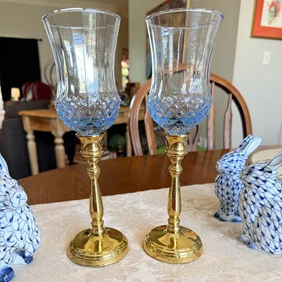 Vintage Brass and Blue Glass Candle holders - Picture 6 of 12